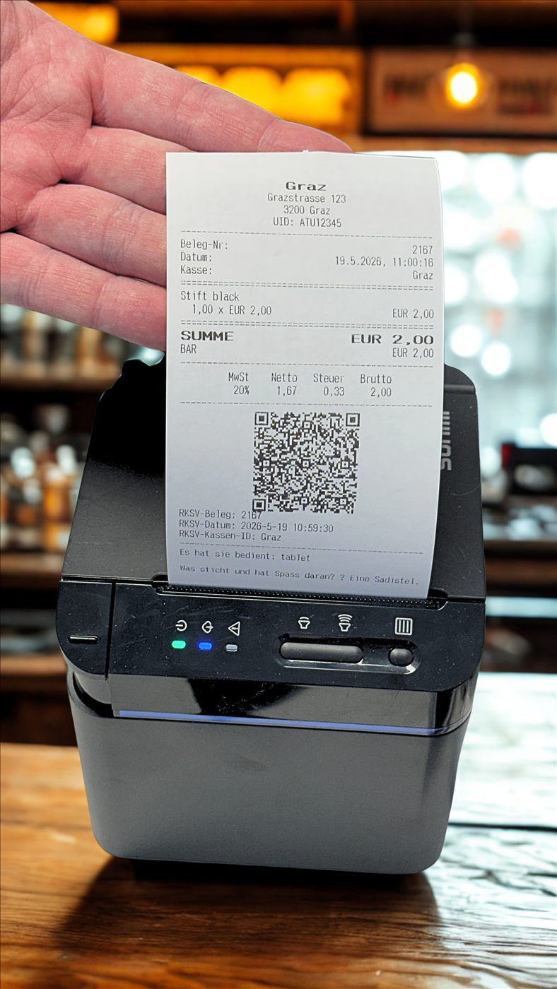SUNMI Cloud Printer druckt Appinnovo Beleg mit QR-Code