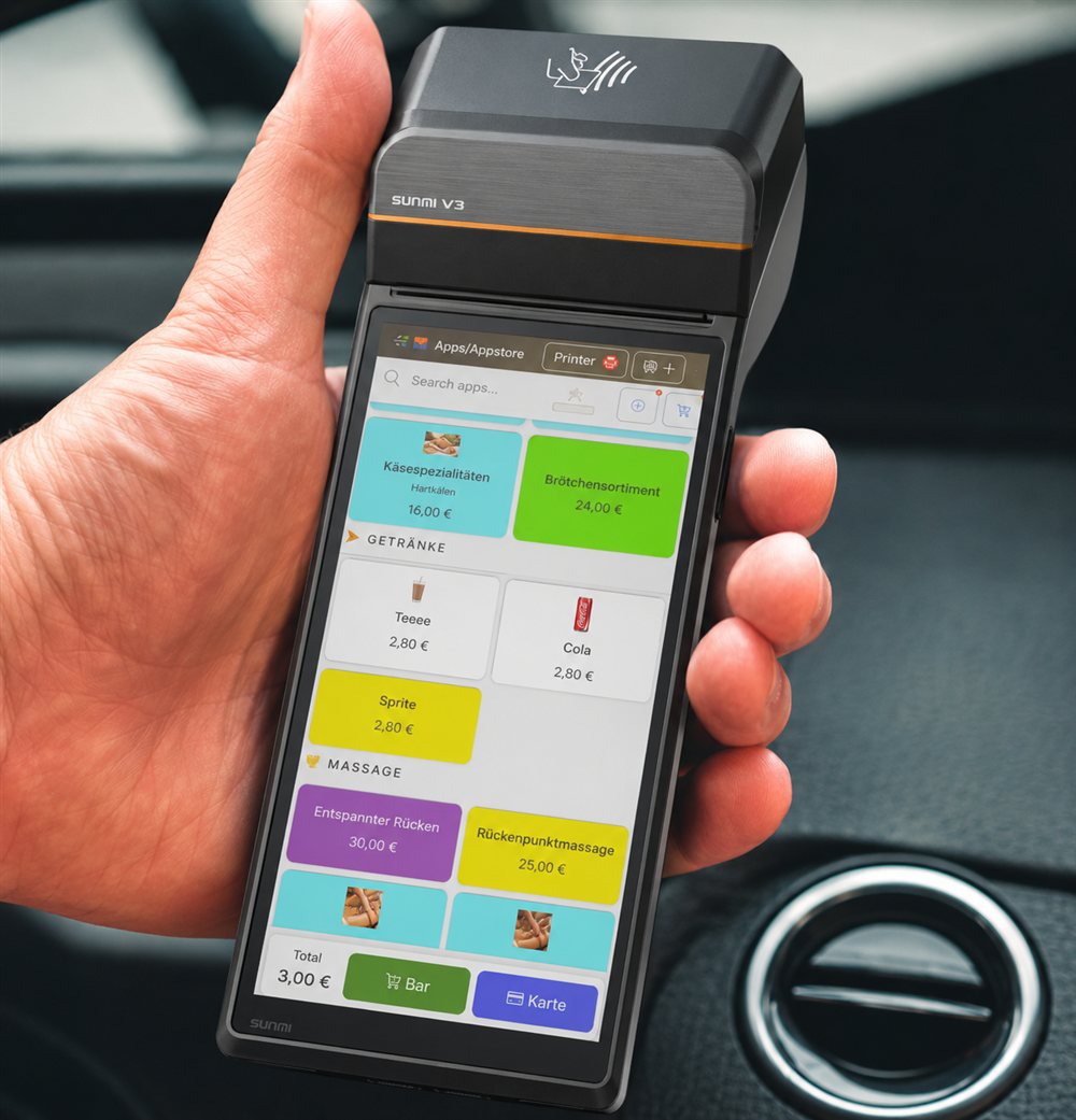 Taxifahrer h&auml;lt das SUNMI V3H Handheld f&uuml;r die Kartenzahlung
