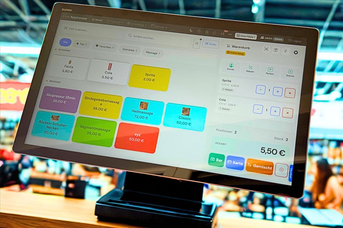 SUNMI V3 MIX als Tischkasse mit Appinnovo-Kassenbildschirm im Einsatz